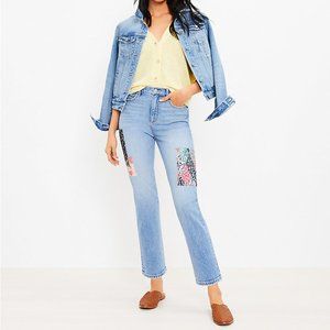 LOFT Patchwork High Rise Straight Crop Jeans in Mid Indigo Wash Size 30